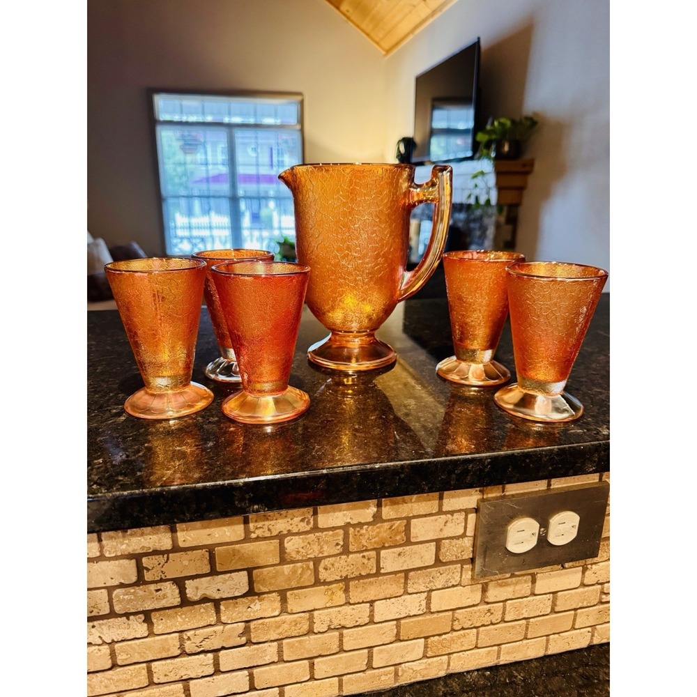 Vintage Jeanette Marigold Carnival Glass Pitcher And Glasses Set